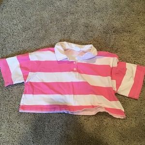 Pink and white striped cropped polo